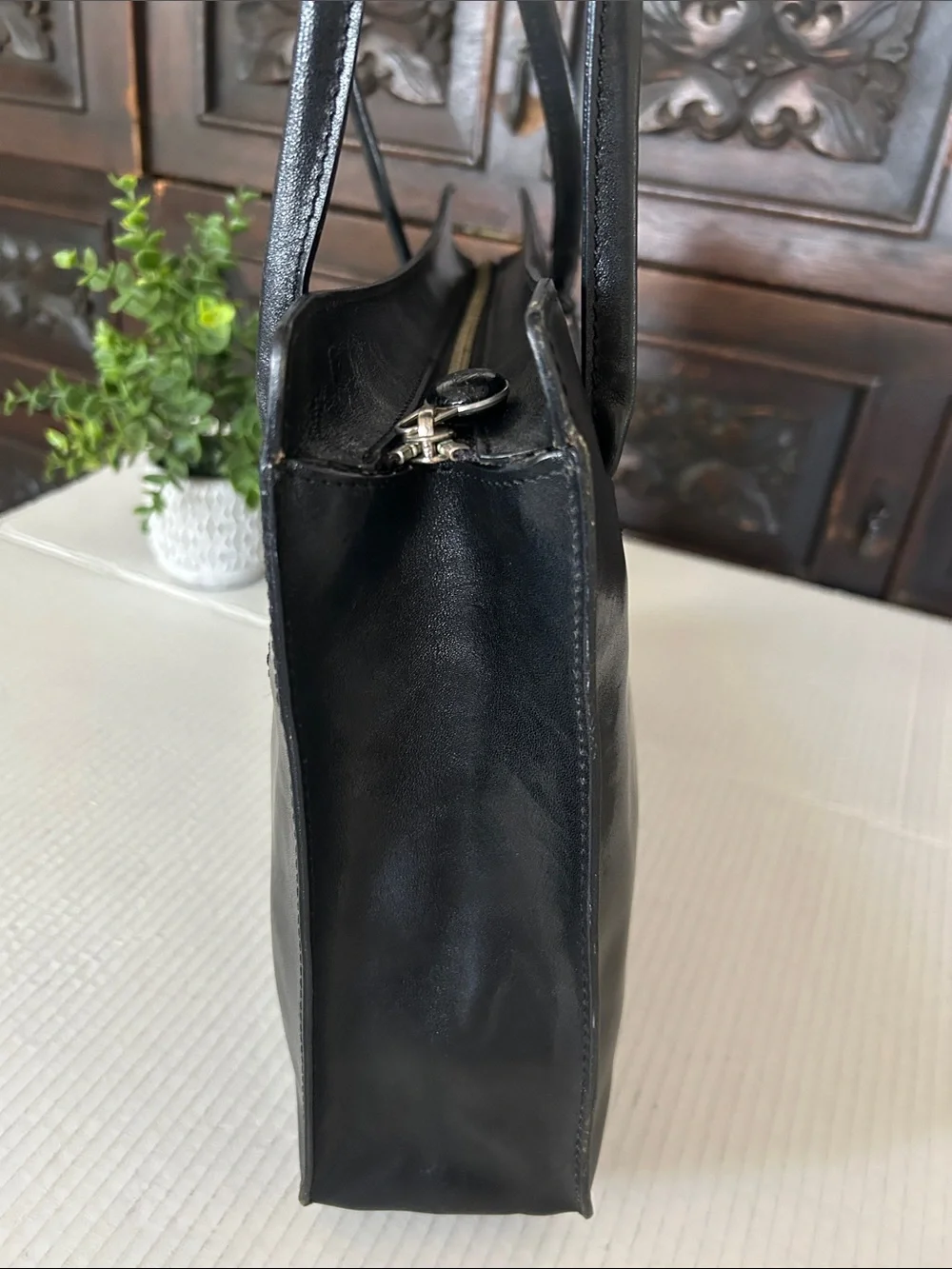 Monsac Black Leather Shoulder Tote with Logo Charm